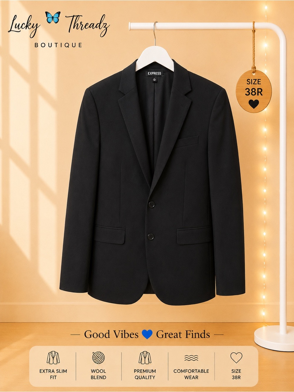 Express Extra Slim Black Wool Blend Blazer 38R